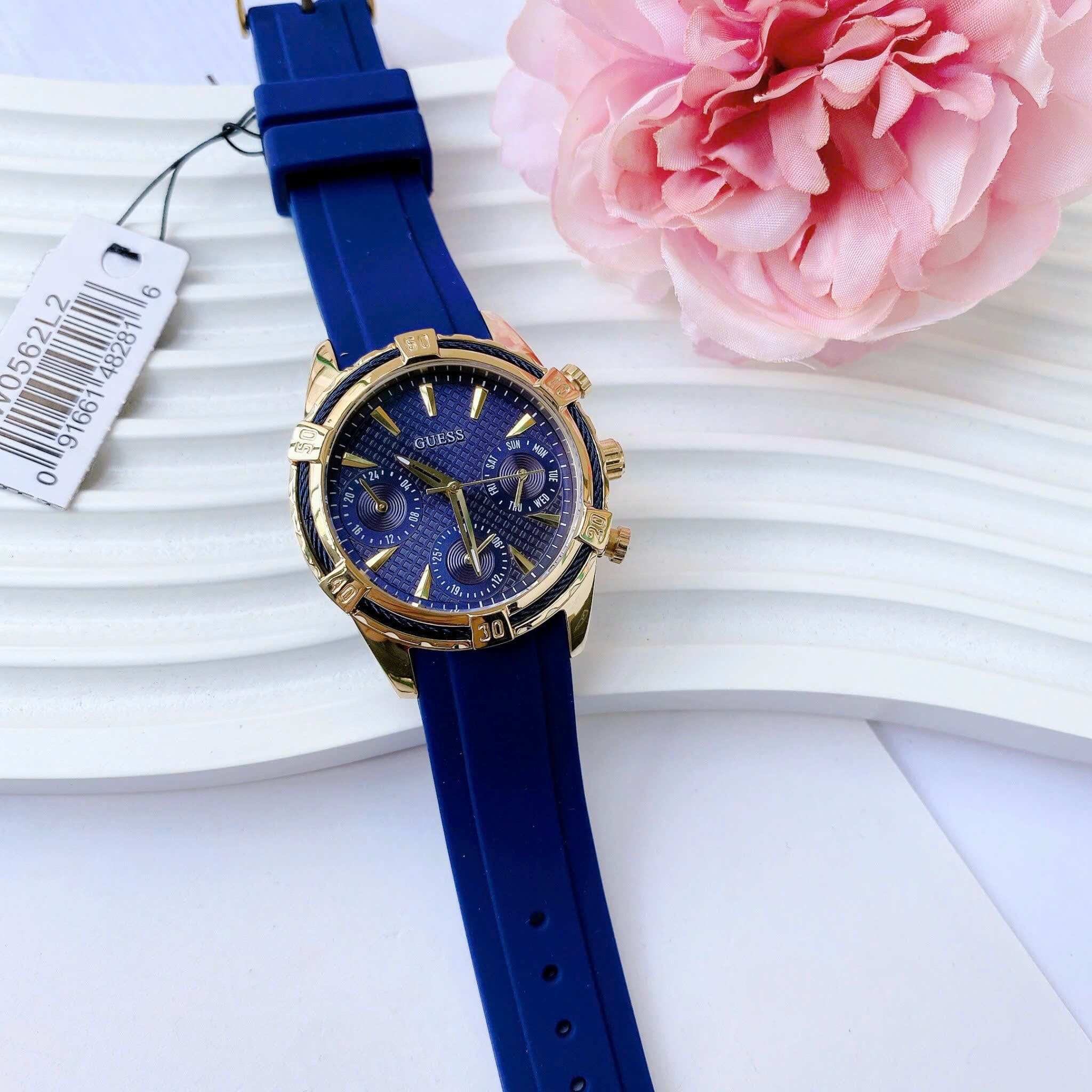 Đồng Hồ Guess 6 Kim |Nữ Giới |Vàng Gold |Dây Sillicone Xanh Dương |Máy Pin (Quartz) |Size 35mm |donghogiatot.vn