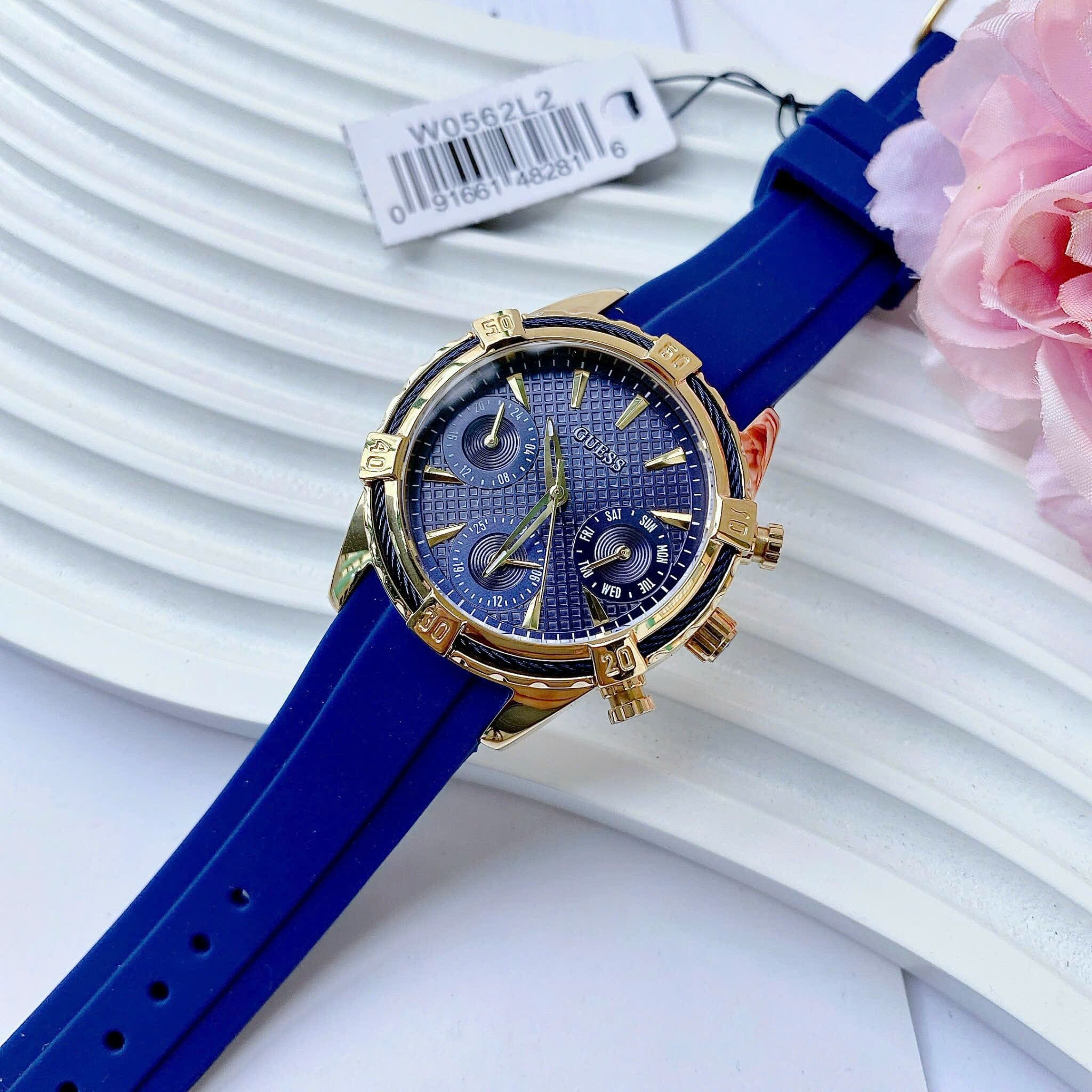 Đồng Hồ Guess 6 Kim |Nữ Giới |Vàng Gold |Dây Sillicone Xanh Dương |Máy Pin (Quartz) |Size 35mm |donghogiatot.vn