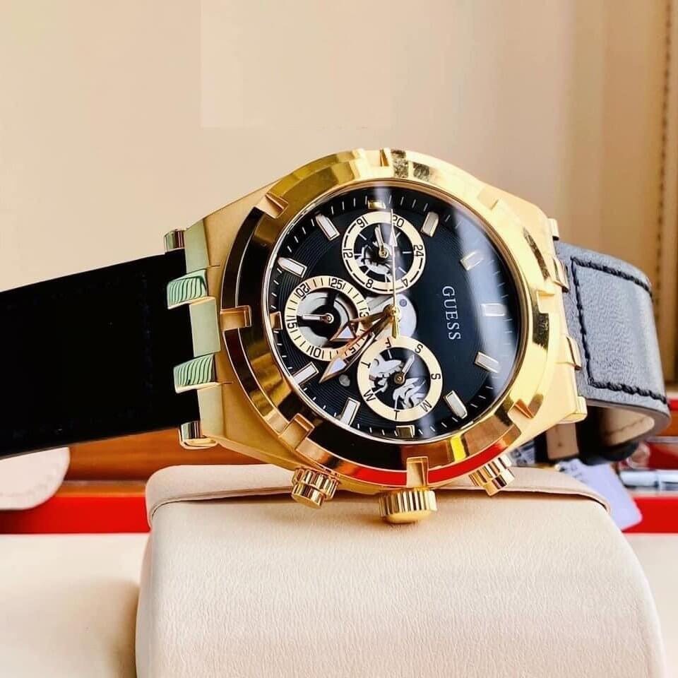 Đồng Hồ Guess Allara |Nam Giới |Chronograph |Vàng Gold |Dây Da Đen |Máy Pin (Quartz) |Size 44mm |donghogiatot.vn