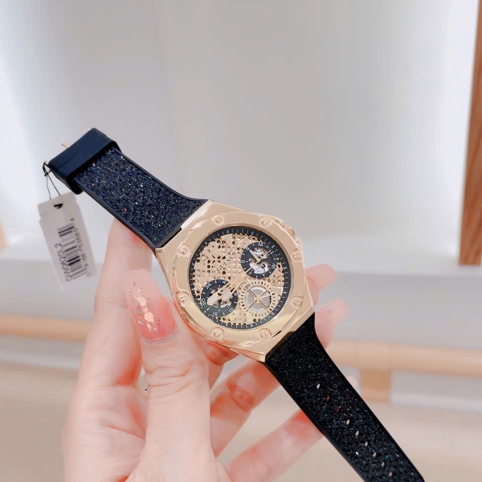 Đồng Hồ Guess Asteria |Nữ Giới |Vàng Gold |Dây Cao Su Đen Nhũ |Máy Pin (Quartz) |Size 40mm |donghogiatot.vn