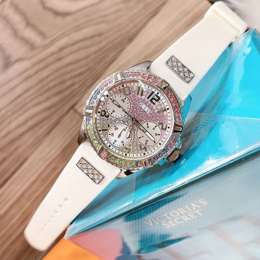 Đồng Hồ Guess Frontier |Nữ Giới |Full Đá Nhiều Màu |Dây Sillicone Trắng |Máy Pin (Quartz) |Size 38mm |donghogiatot.vn