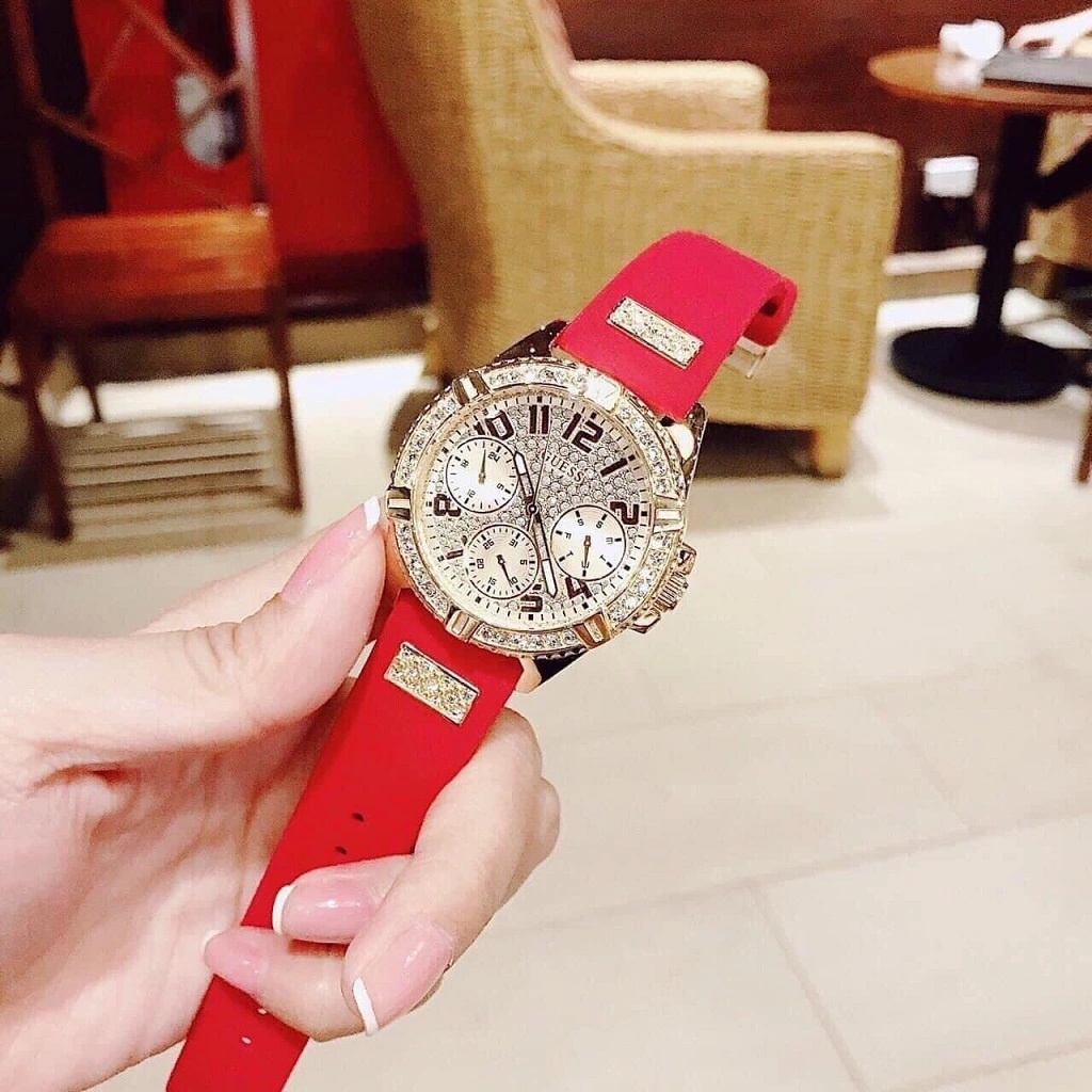 Đồng Hồ Guess Frontier |Nữ Giới |Full Đá Vàng Gold |Dây Sillicone Đỏ |Máy Pin (Quartz) |Size 38mm |donghogiatot.vn