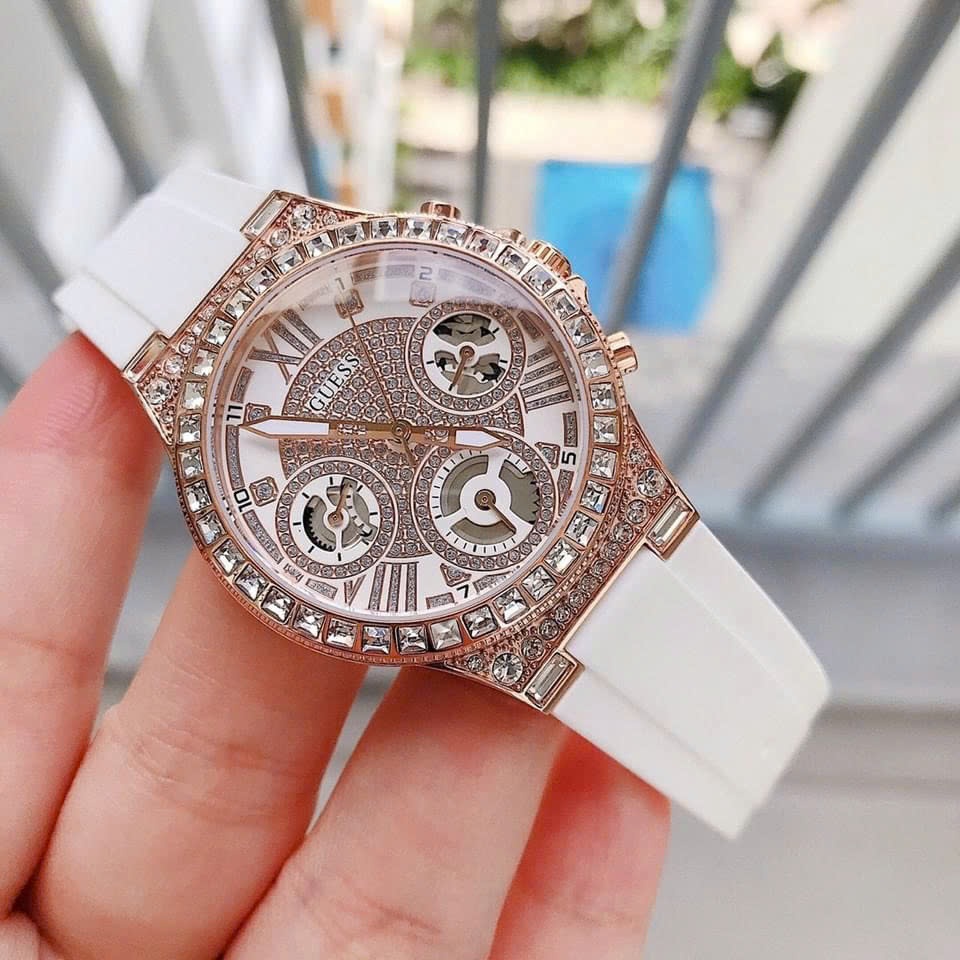 Đồng Hồ Guess Moonlight |Nữ Giới |Đính Đá Rose Gold |Dây Sillicone Trắng |Máy Pin (Quartz) |Size 36mm |donghogiatot.vn