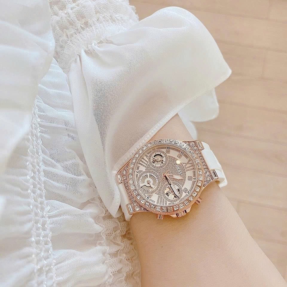 Đồng Hồ Guess Moonlight |Nữ Giới |Đính Đá Rose Gold |Dây Sillicone Trắng |Máy Pin (Quartz) |Size 36mm |donghogiatot.vn