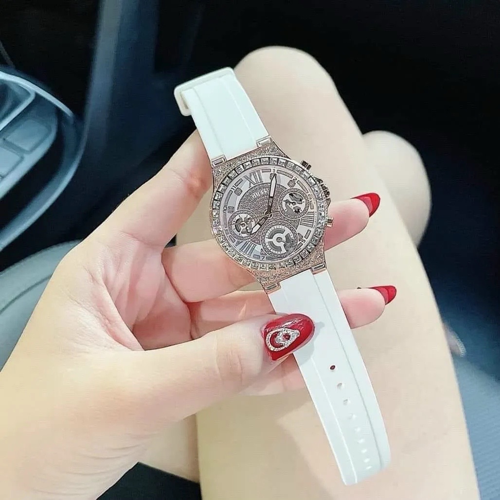 Đồng Hồ Guess Moonlight |Nữ Giới |Đính Đá Rose Gold |Dây Sillicone Trắng |Máy Pin (Quartz) |Size 36mm |donghogiatot.vn