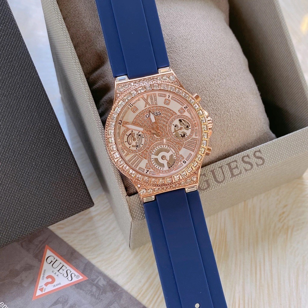 Đồng Hồ Guess Moonlight |Nữ Giới |Đính Đá Rose Gold |Dây Sillicone Xanh |Máy Pin (Quartz) |Size 36mm |donghogiatot.vn