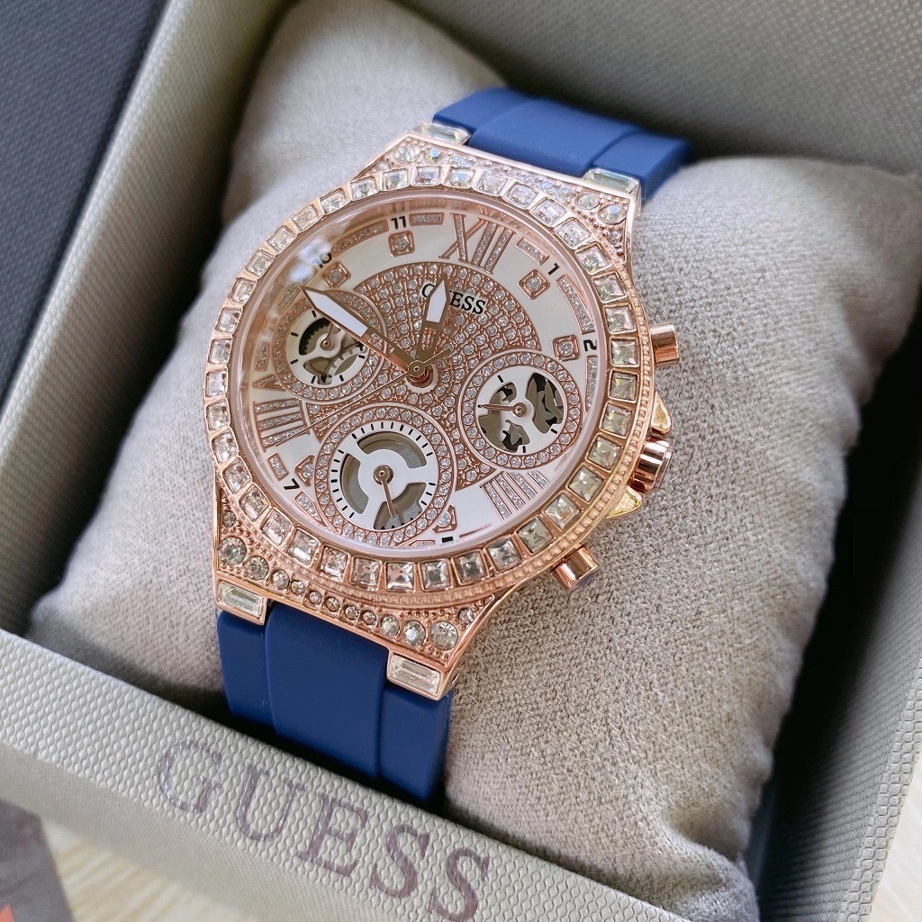 Đồng Hồ Guess Moonlight |Nữ Giới |Đính Đá Rose Gold |Dây Sillicone Xanh |Máy Pin (Quartz) |Size 36mm |donghogiatot.vn