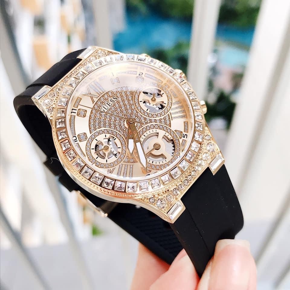 Đồng Hồ Guess Moonlight |Nữ Giới |Đính Đá Vàng Gold |Dây Sillicone Đen |Máy Pin (Quartz) |Size 36mm |donghogiatot.vn