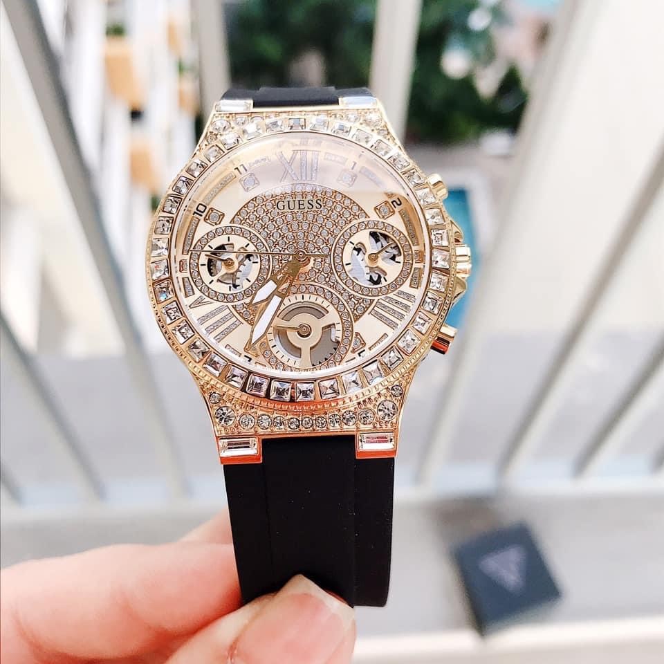 Đồng Hồ Guess Moonlight |Nữ Giới |Đính Đá Vàng Gold |Dây Sillicone Đen |Máy Pin (Quartz) |Size 36mm |donghogiatot.vn