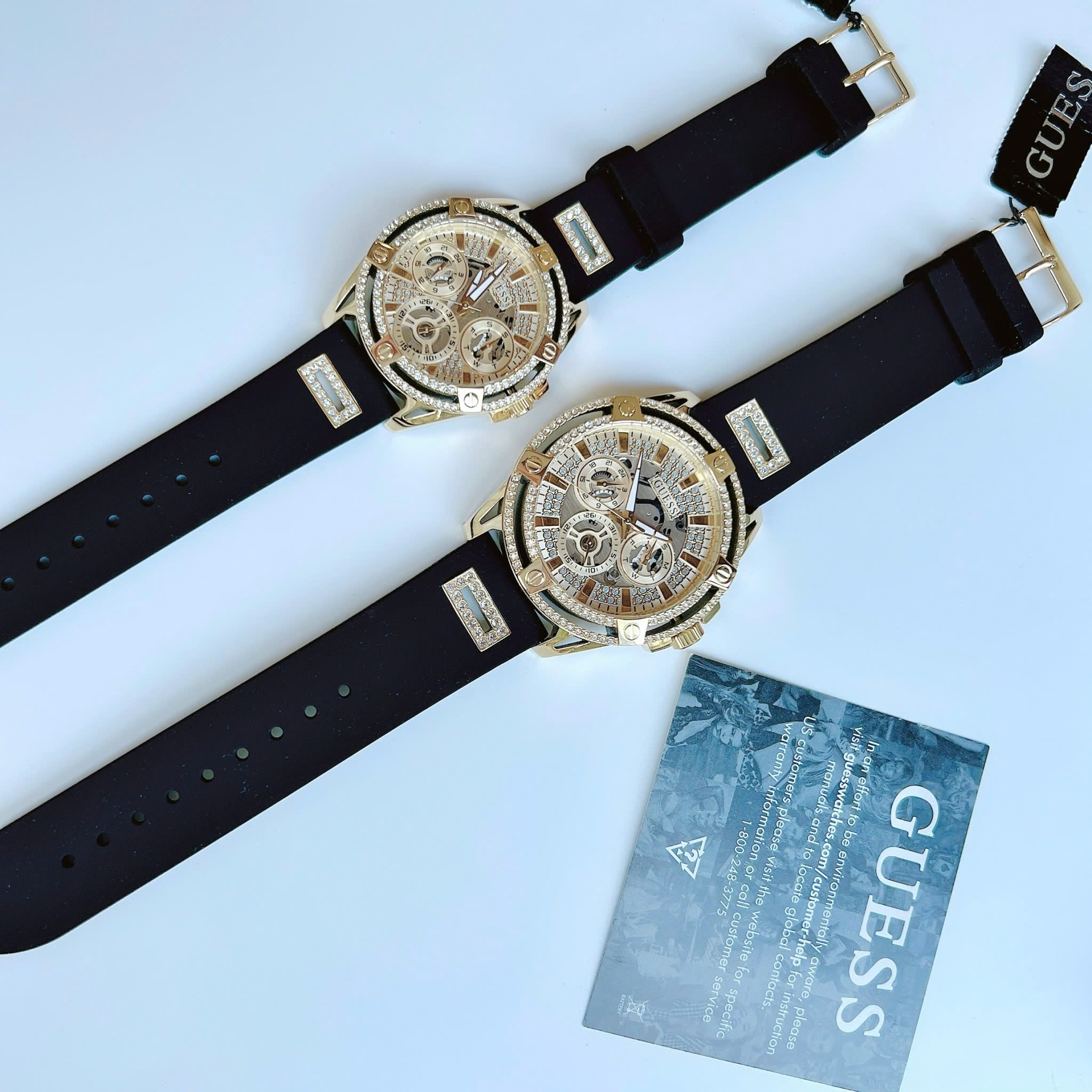 Đồng Hồ Guess Multifunction |Cặp Đôi |Đính Đá Vàng Gold |Dây Sillicone Đen |Size 48x38mm |donghogiatot.vn