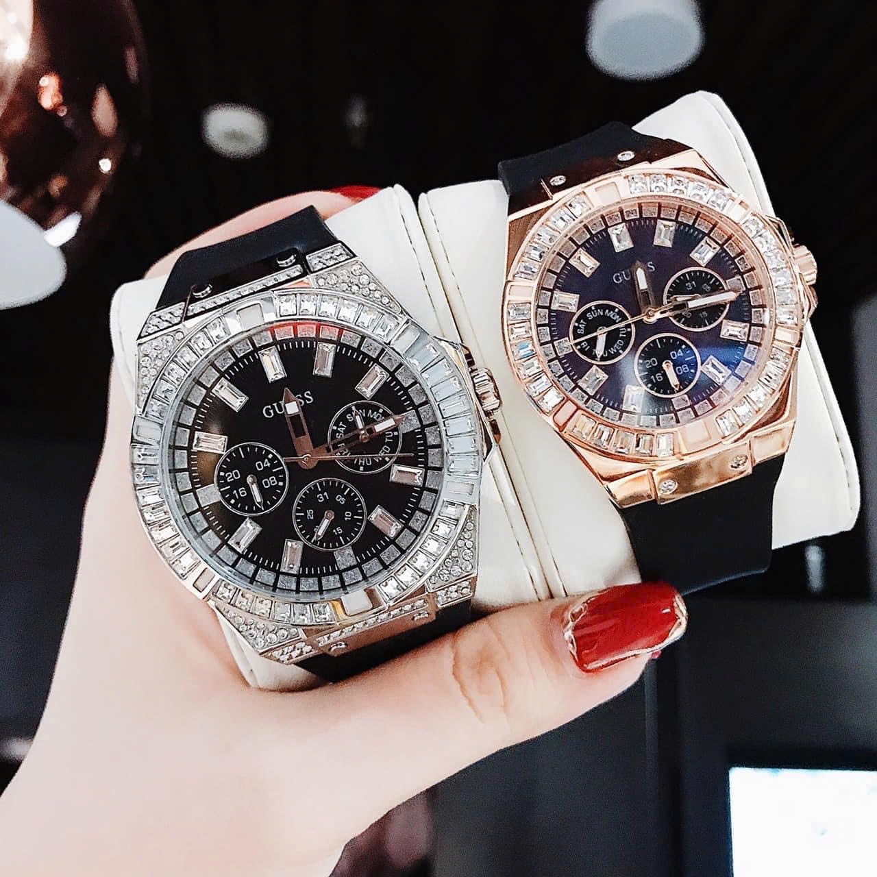 Đồng Hồ Guess Rigor |Cặp Đôi |Mặt Đính Đá |Dây Sillicone Đen |Size 47x38mm |donghogiatot.vn