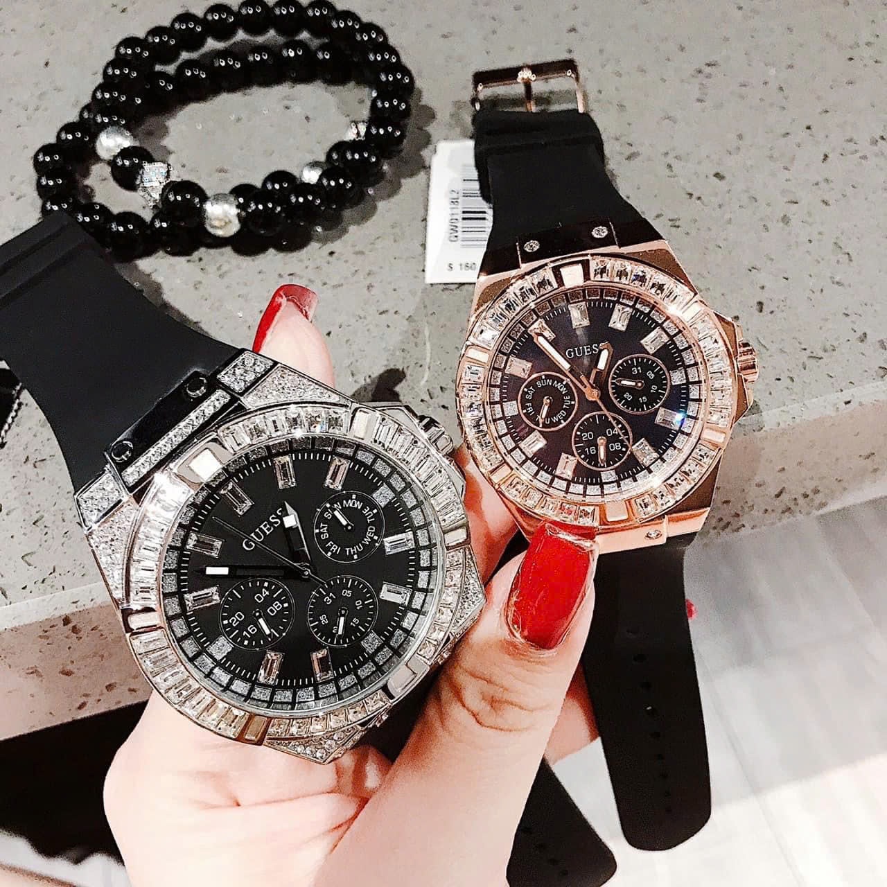 Đồng Hồ Guess Rigor |Cặp Đôi |Mặt Đính Đá |Dây Sillicone Đen |Size 47x38mm |donghogiatot.vn