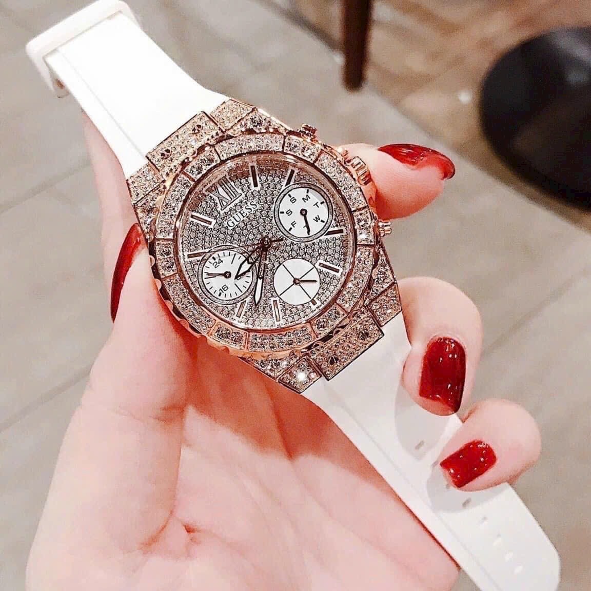 Đồng Hồ Guess Rigor |Nữ Giới |Full Đá Rose Gold |Dây Sillicone Trắng |Máy Pin (Quartz) |Size 39mm |donghogiatot.vn