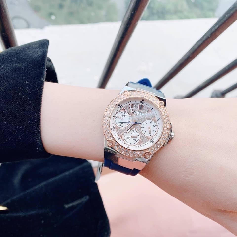 Đồng Hồ Guess Rigor |Nữ Giới |Full Đá Rose Gold |Dây Sillicone Xanh |Máy Pin (Quartz) |Size 39mm |donghogiatot.vn