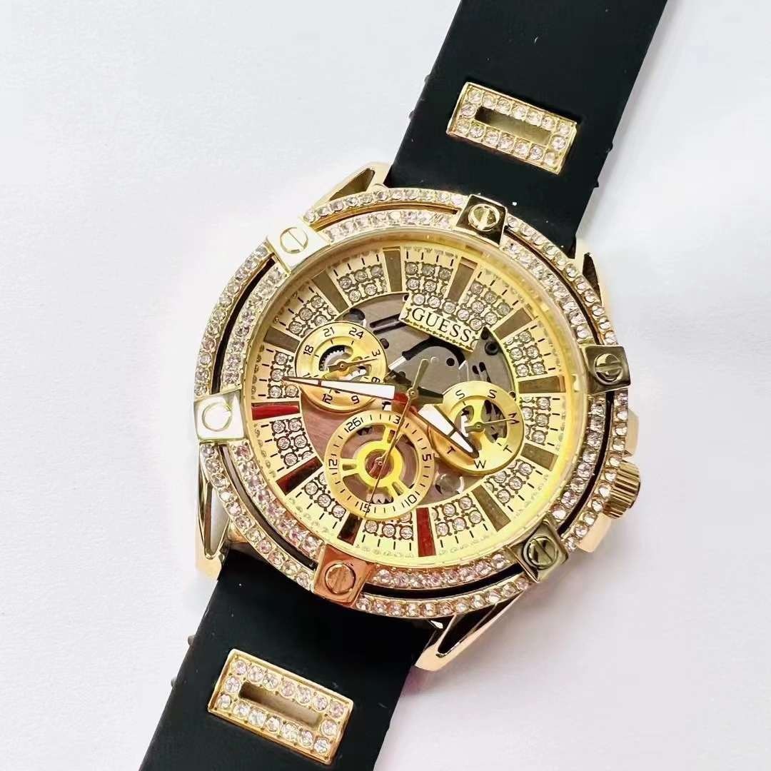 Đồng Hồ Guess Multi-Function |Nam giới |Đính Đá Vàng Gold |Dây Sillicone Đen |Máy Pin (Quartz) |Size 48mm |donghogiatot.vn 