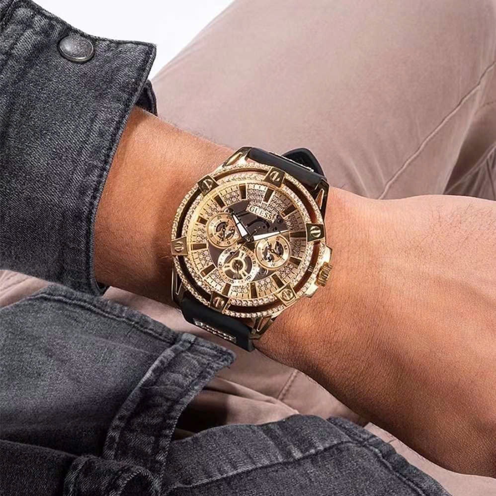 Đồng Hồ Guess Multi-Function |Nam giới |Đính Đá Vàng Gold |Dây Sillicone Đen |Máy Pin (Quartz) |Size 48mm |donghogiatot.vn 