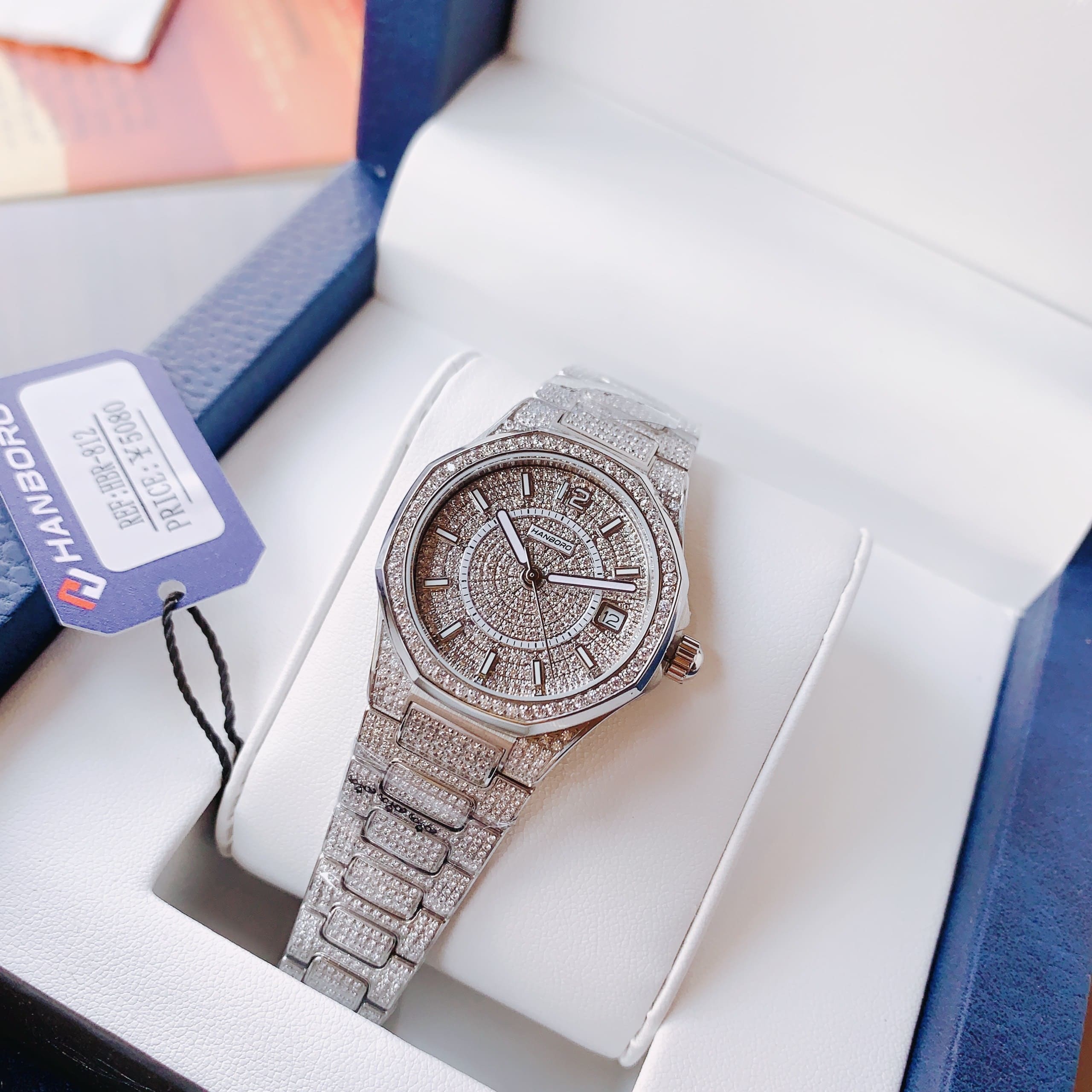 Đồng Hồ Hanboro Full Đá Swarovski |Cặp Đôi |Trắng Silver |Dây Kim Loại | Size 34x41mm |donghogiatot.vn