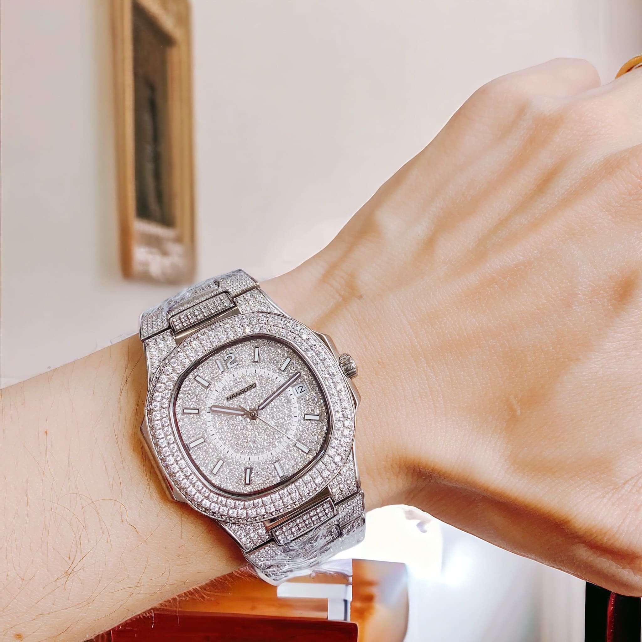 Đồng Hồ Hanboro Full Đá Swarovski |Nam Giới |Dây Kim Loại |Trắng Silver |Máy Tự Động |Size 42mm |donghogiatot.vn