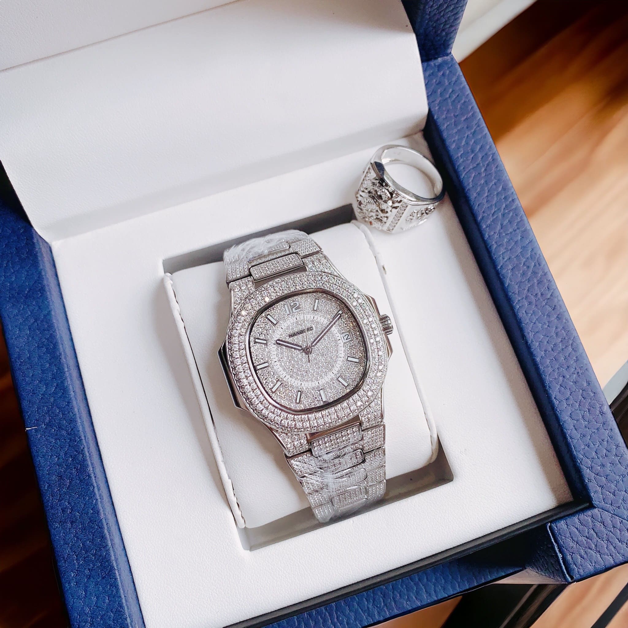 Đồng Hồ Hanboro Full Đá Swarovski |Nam Giới |Dây Kim Loại |Trắng Silver |Máy Tự Động |Size 42mm |donghogiatot.vn
