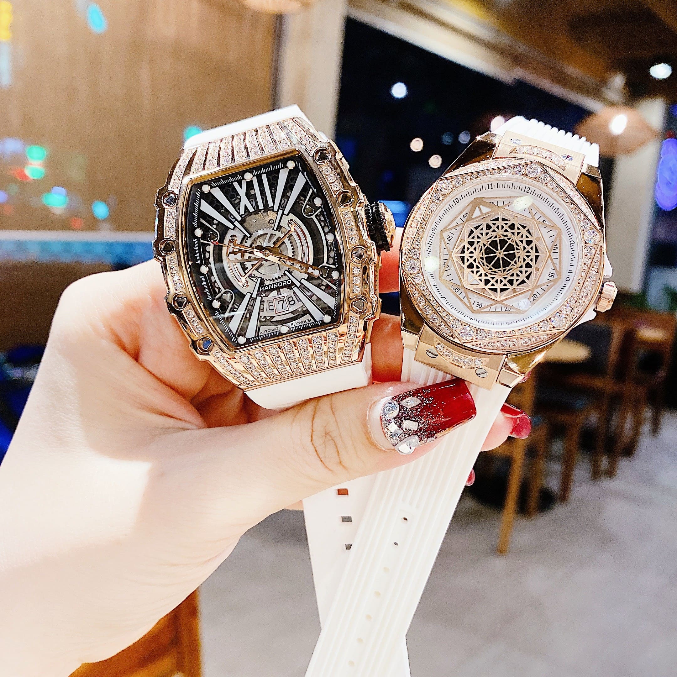 Đồng Hồ Hanboro Lịch Ngày |Cặp Đôi |Đính Đá |Rose Gold |Dây Cao Su Trắng |donghogiatot.vn