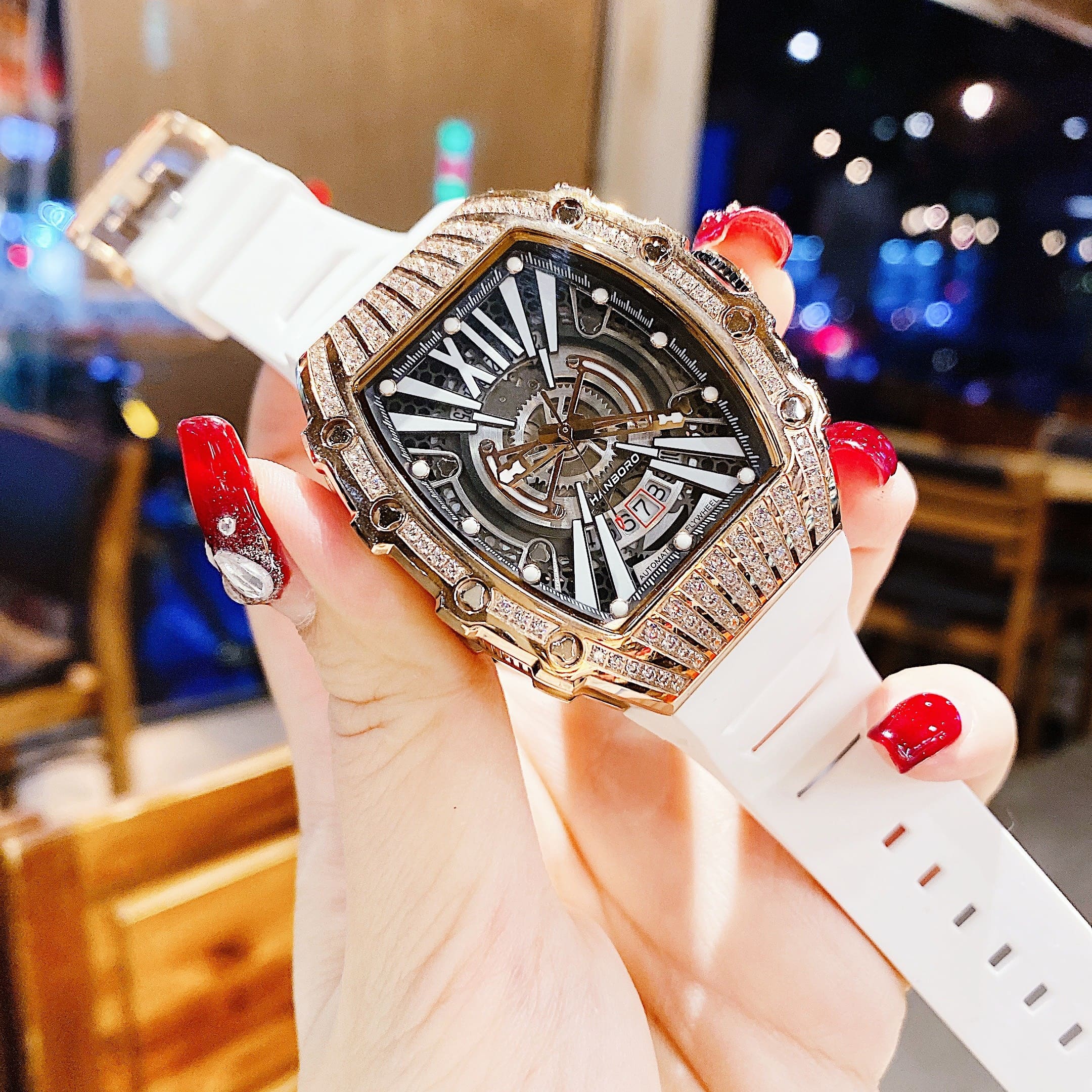 Đồng Hồ Hanboro Lịch Ngày |Cặp Đôi |Đính Đá |Rose Gold |Dây Cao Su Trắng |donghogiatot.vn