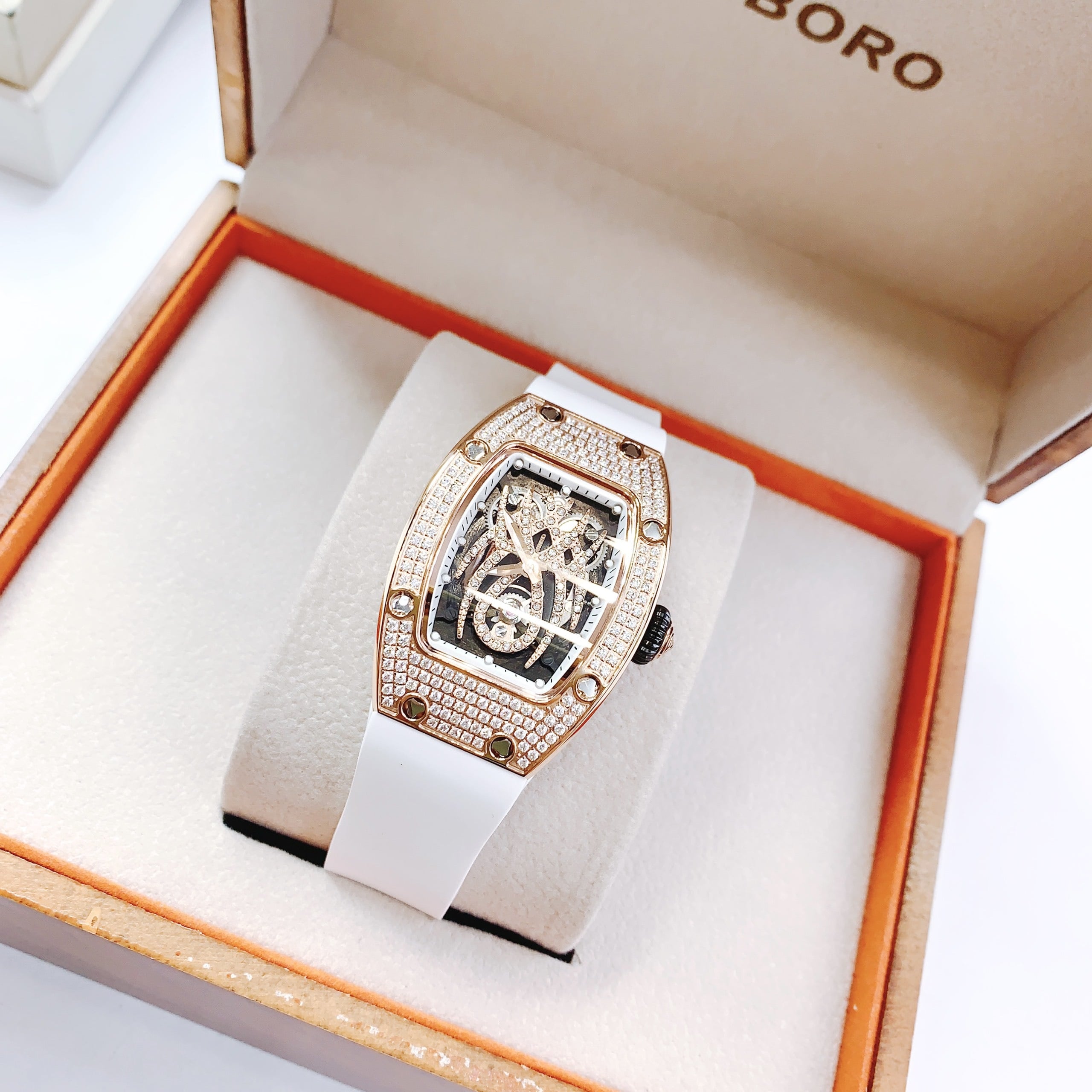 Đồng Hồ Hanboro Mặt Nhện |Nữ Giới |Rose Gold |Dây Cao Su Trắng |Máy Pin (Quartz) |Size 32x36mm [donghogiatot.vn]