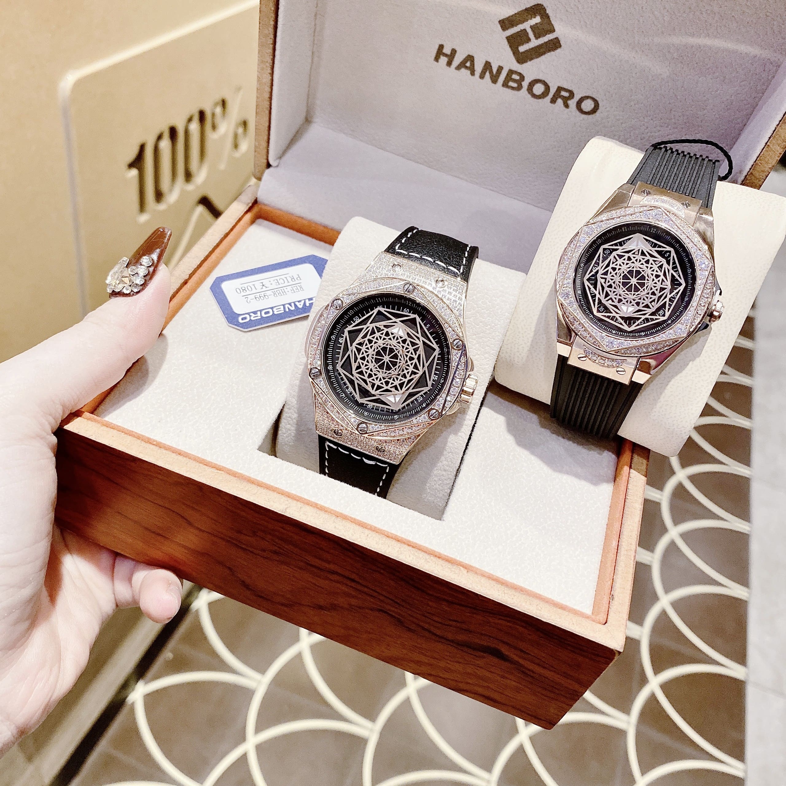 Đồng Hồ Hanboro Mặt Vũ Trụ |Cặp Đôi |Rose Gold |Dây Cao Su Đen |Size 36x42mm |donghogiatot.vn