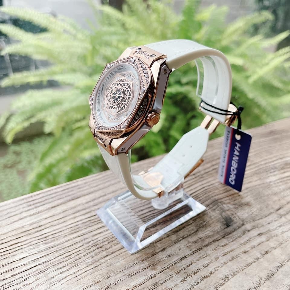 Đồng Hồ Hanboro Mặt Vũ Trụ |Nữ Giới |Rose Gold |Dây Cao Su Trắng |Máy Pin (Quartz) |Size 36mm [donghogiatot.vn]