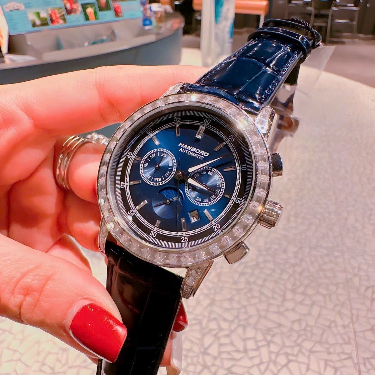 Đồng Hồ Hanboro Mặt Xanh Dương |Nam Giới |6 Kim |Dây Da Xanh |Máy Cơ (Automatic) |Size 44mm [donghogiatot.vn]