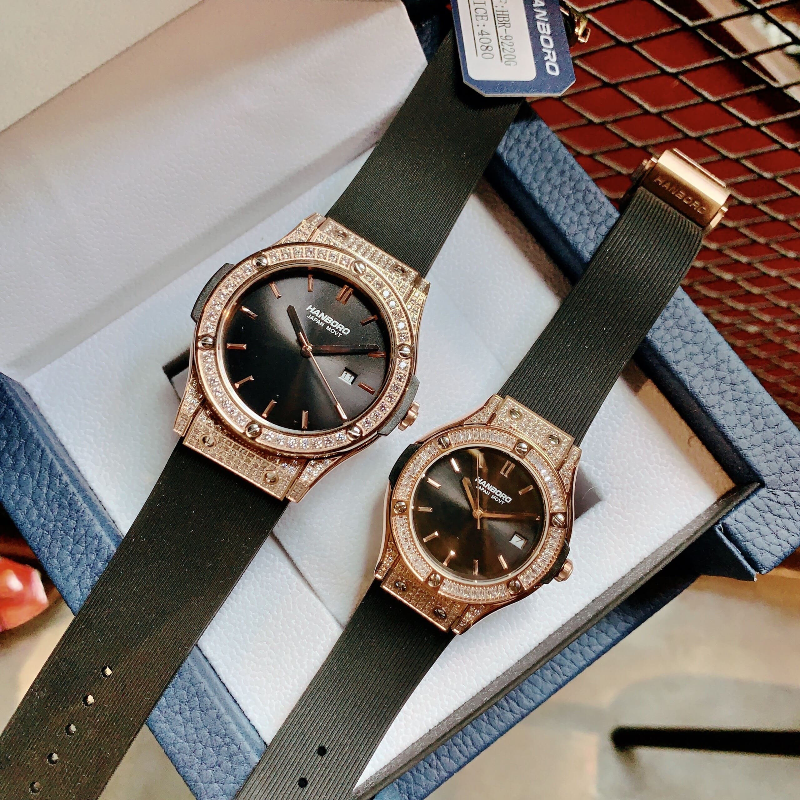 Đồng Hồ Hanboro Hublot |Cặp Đôi |Đính Đá |Rose Gold |Dây Sillicone |Máy Pin (Quartz) |Size 34-42mm |donghogiatot.vn