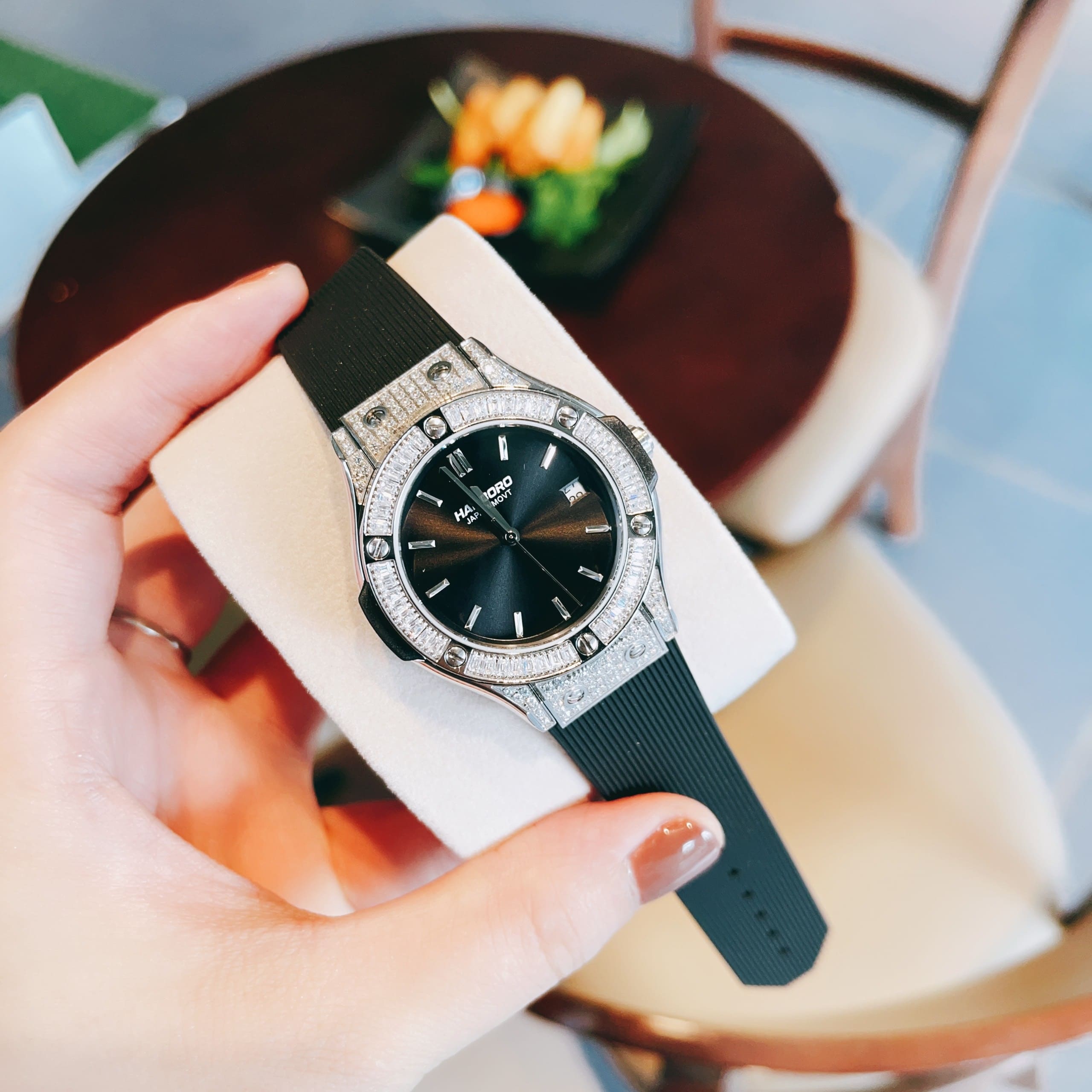 Đồng Hồ Hanboro Tựa Hublot |Nữ Giới |Đá Trắng Silver |Dây Cao Su |Máy Pin (Quartz) |Size 34mm [donghogiatot.vn]