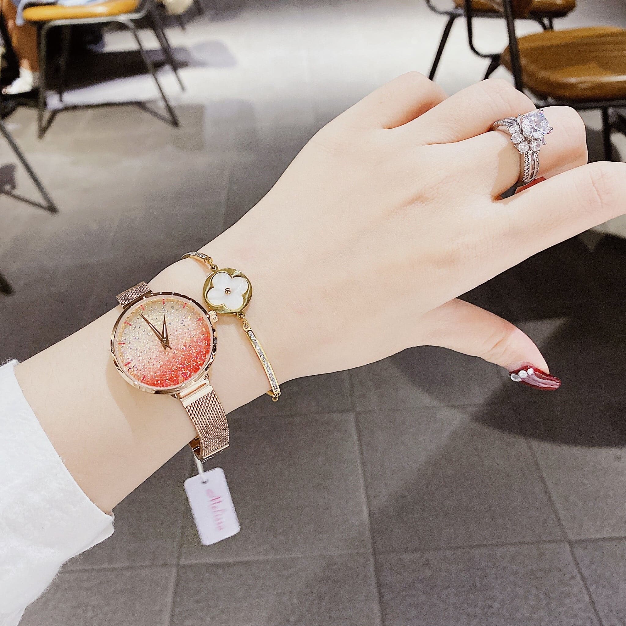 Đồng Hồ Melissa Full Đá Hồng |Nữ Giới |Dây Mesh Lưới Rose Gold |Máy Pin (Quartz) |Size 30mm |donghogiatot.vn