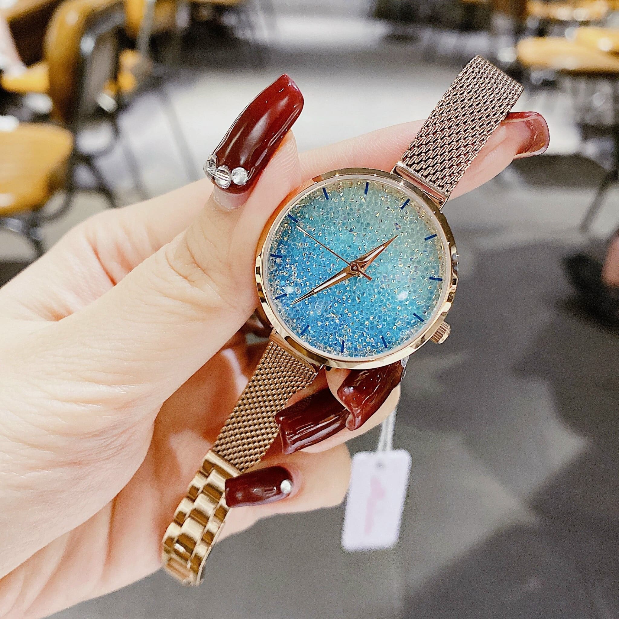 Đồng Hồ Melissa Full Đá Xanh Ngọc |Nữ Giới |Dây Mesh Lưới Rose Gold |Máy Pin (Quartz) |Size 30mm |donghogiatot.vn