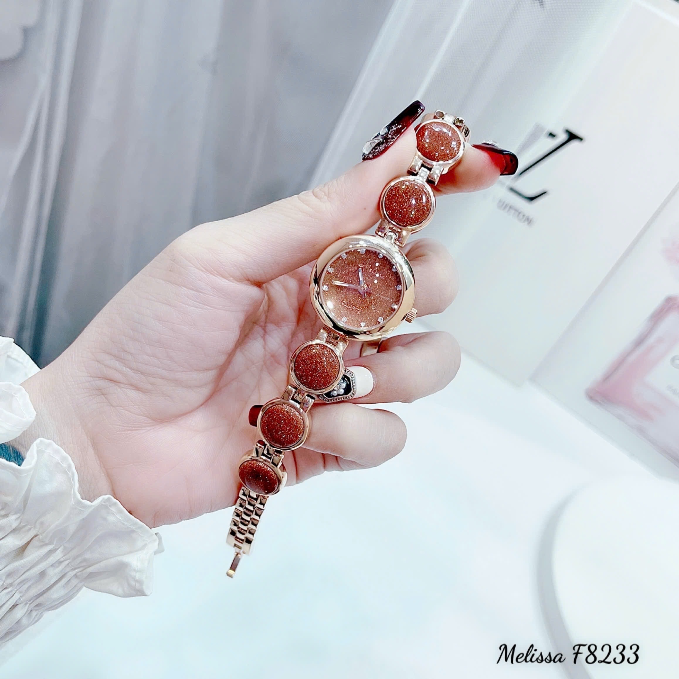 Đồng Hồ Melissa Mặt Đính Đá |Nữ Giới |Rose Gold |Lắc Tay Màu Cam |Máy Pin (Quartz) |Size 28mm |donghogiatot.vn