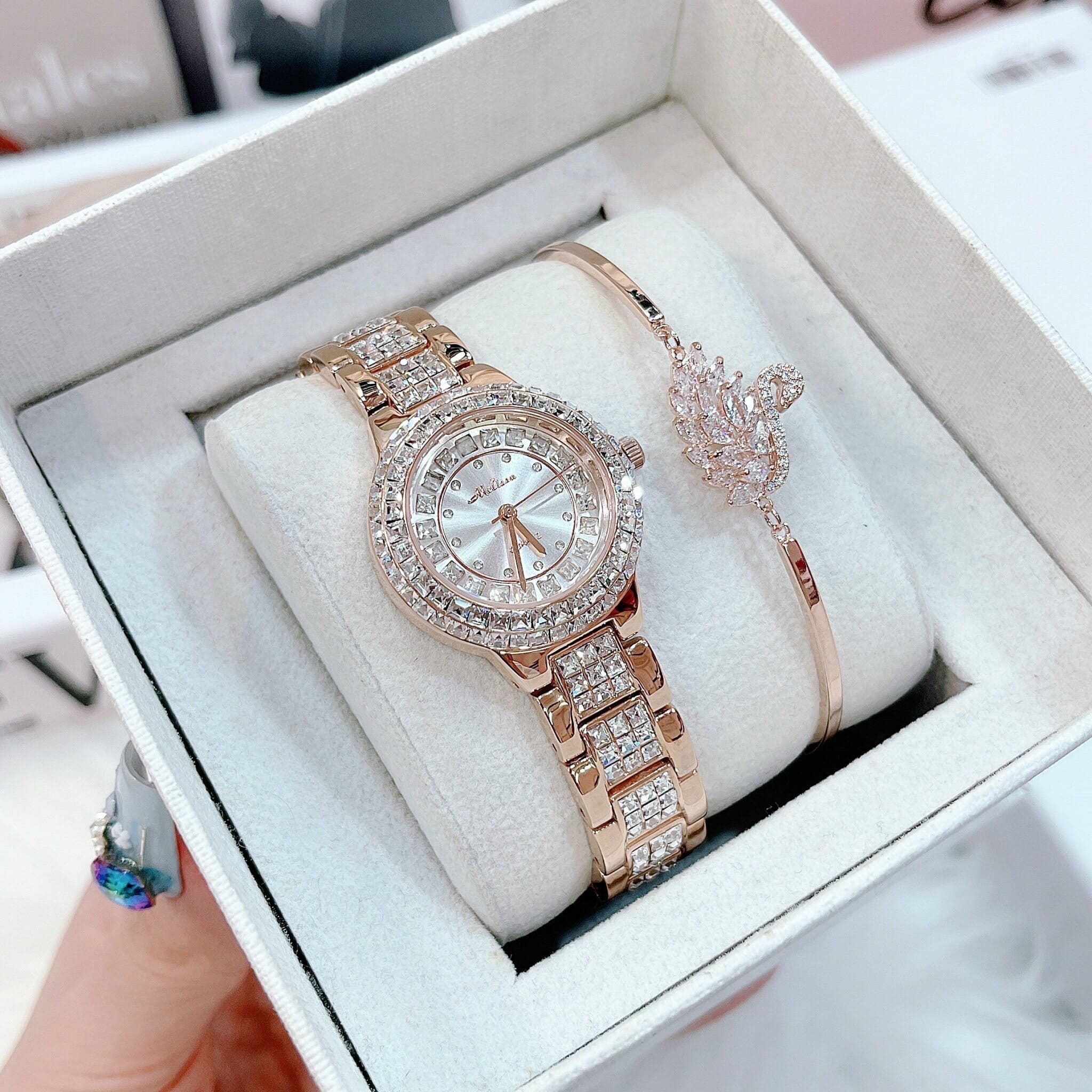 Đồng Hồ Melissa Mặt Trắng |Nữ Giới |Rose Gold |Dây Kim Loại Đính Đá |Máy Pin (Quartz) |Size 34mm |donghogiatot.vn