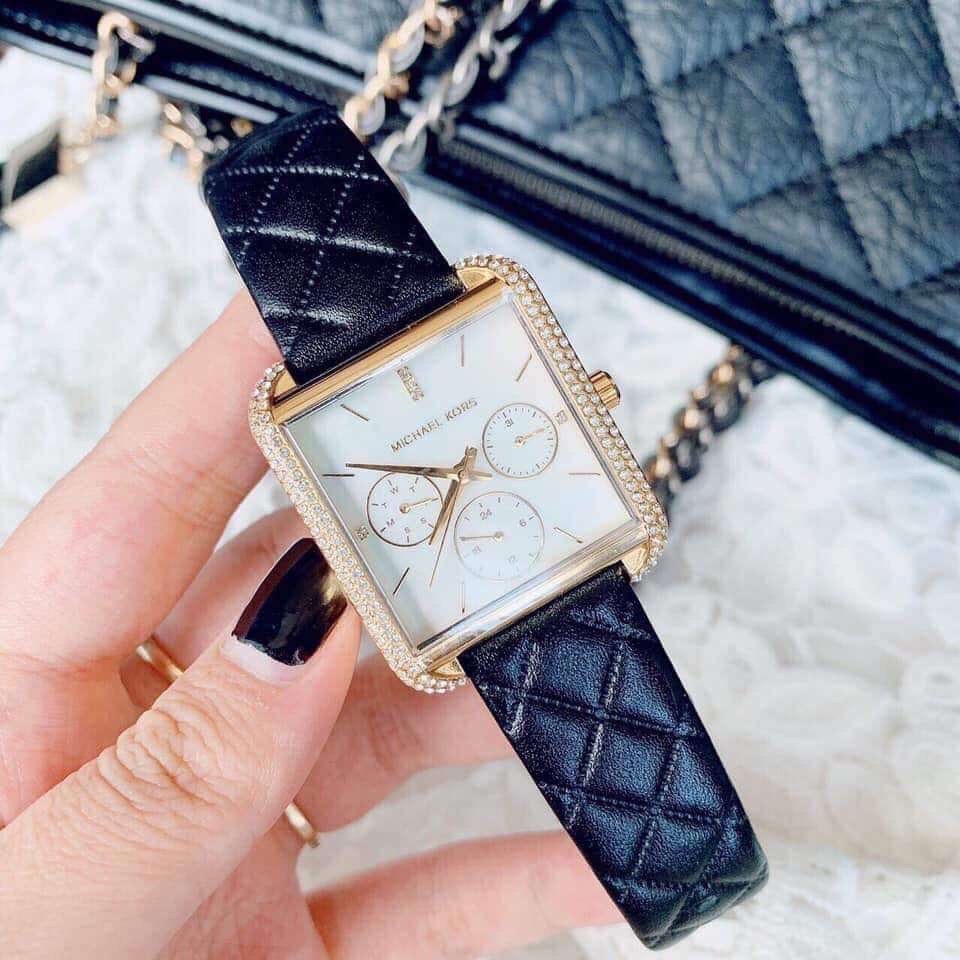 Đồng Hồ Michael Kors Mặt Vuông Đính Đá |Nữ Giới |Chronograph |Dây Da Đen |Máy Pin (Quartz) |Size 32x32mm |donghogiatot.vn