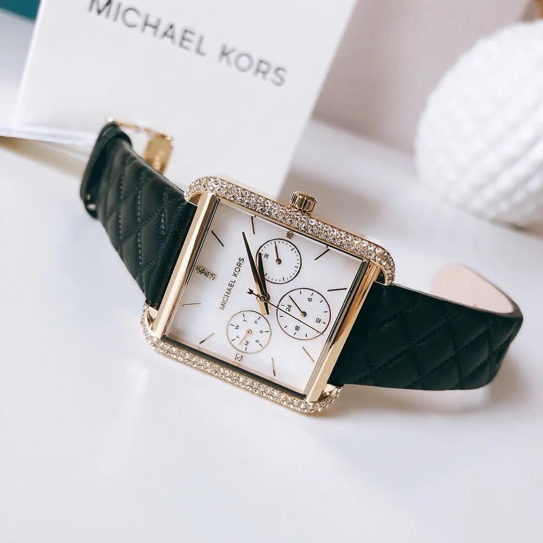 Đồng Hồ Michael Kors Mặt Vuông Đính Đá |Nữ Giới |Chronograph |Dây Da Đen |Máy Pin (Quartz) |Size 32x32mm |donghogiatot.vn