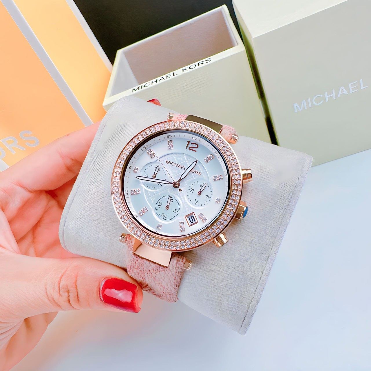 Đồng Hồ Michael Kors Parker Chronograph |Nữ Giới |Rose Gold |Dây Da Hồng |Máy Pin (Quartz) |Size 39mm |donghogiatot.vn