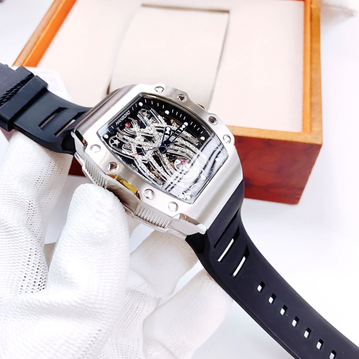 Đồng Hồ Hanboro Mặt Nhện |Nam Giới |Mặt Oval Silver |Dây Cao Su |Máy Cơ (Tự Động) |Size 40x50mm |Donghogiatot.vn