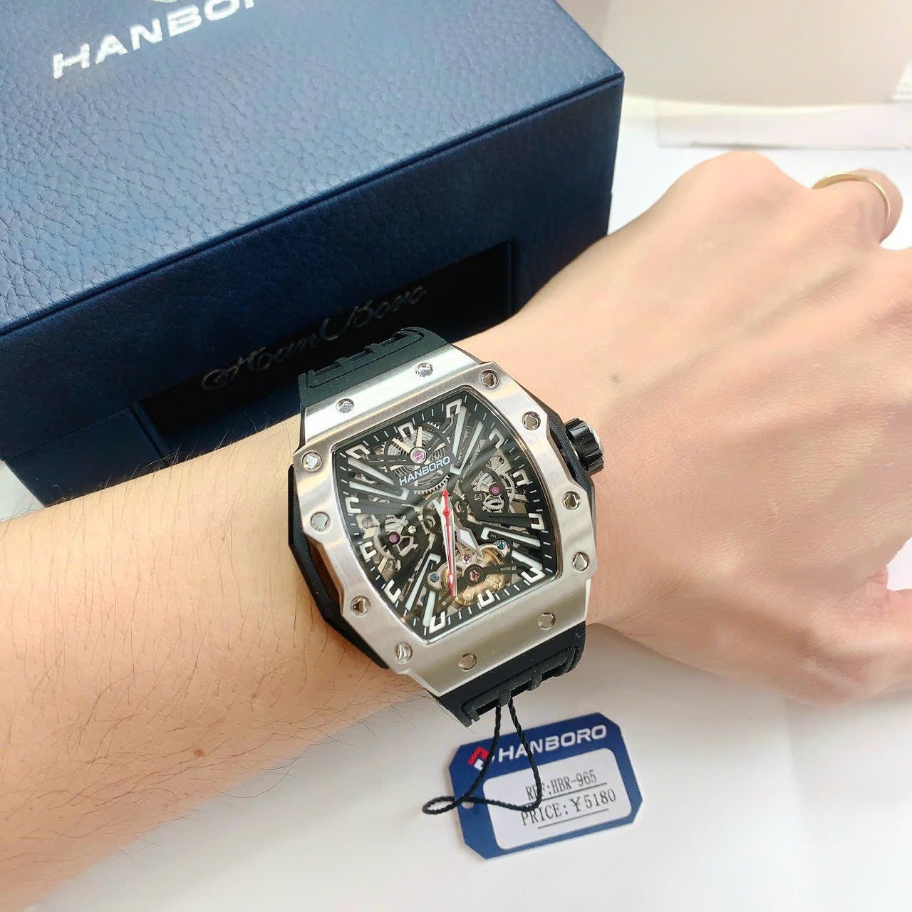 Đồng Hồ Hanboro Mặt Oval X |Silver |Nam Giới |Dây Cao Su |Máy Hở Tim (Automatic) |Size 43x50mm |Donghogioatot.vn