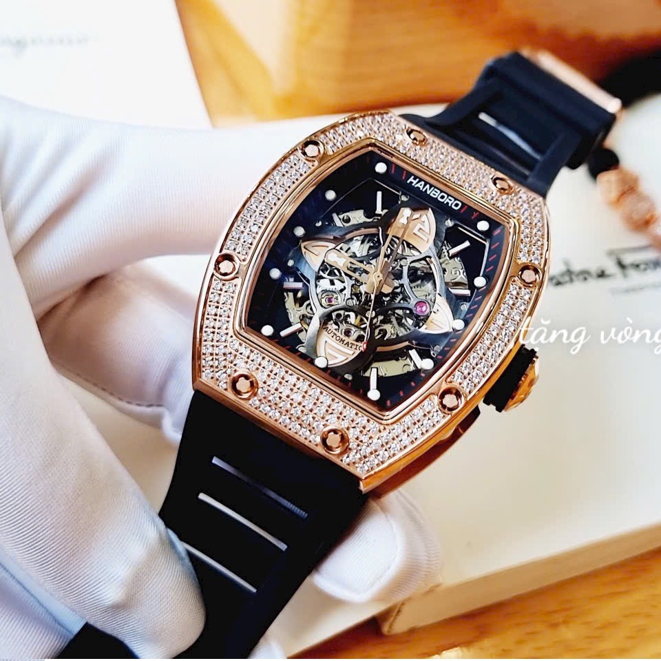 Đồng hồ Hanboro Mặt Oval |Rose Gold |Nam Giới |Dây Cao Su |Máy Cơ (Automatic) |Size 40x50mm |Donghogiatot.vn