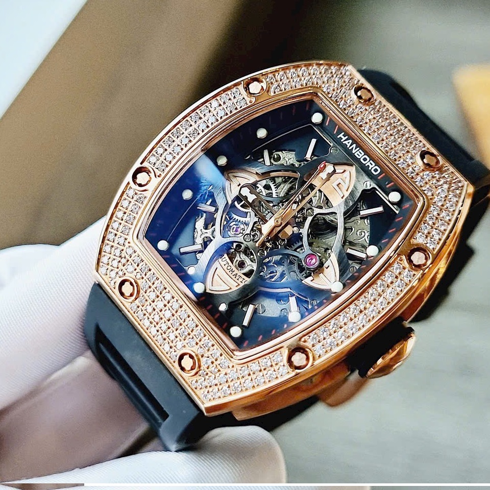 Đồng hồ Hanboro Mặt Oval |Rose Gold |Nam Giới |Dây Cao Su |Máy Cơ (Automatic) |Size 40x50mm |Donghogiatot.vn