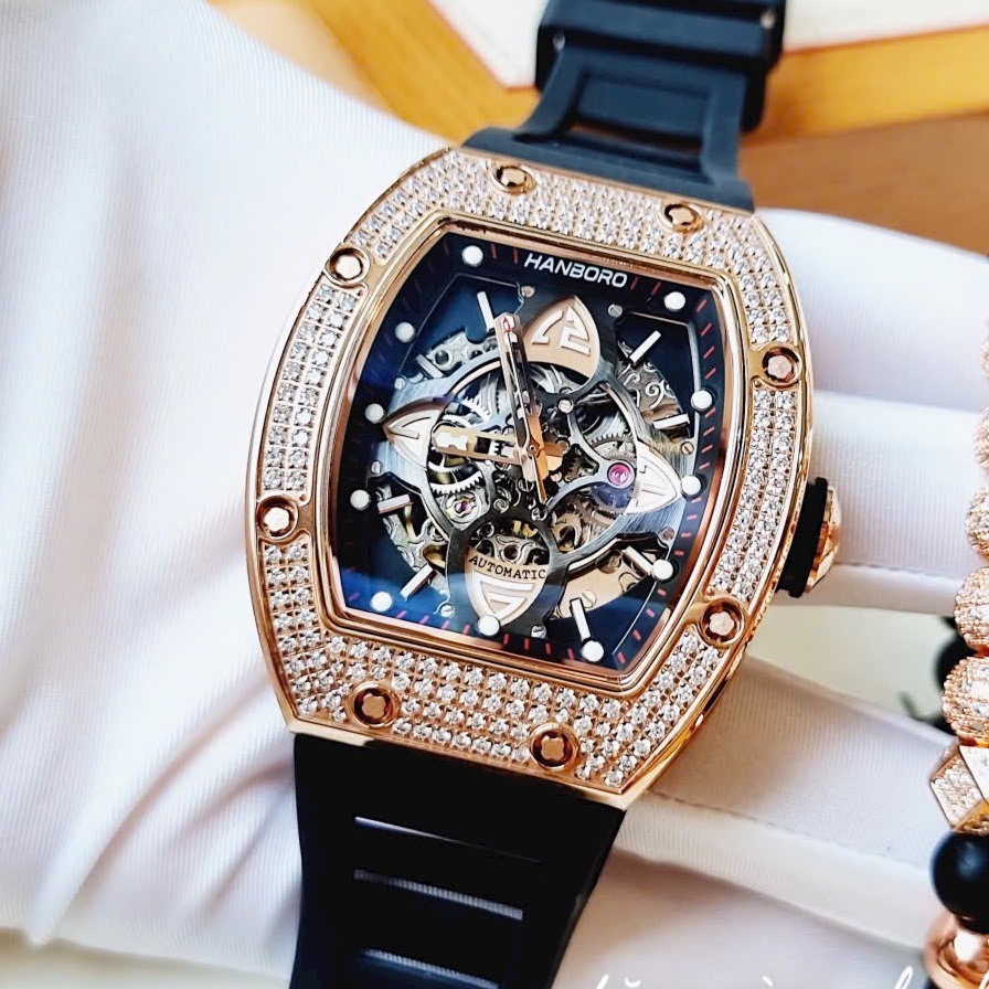 Đồng hồ Hanboro Mặt Oval |Rose Gold |Nam Giới |Dây Cao Su |Máy Cơ (Automatic) |Size 40x50mm |Donghogiatot.vn