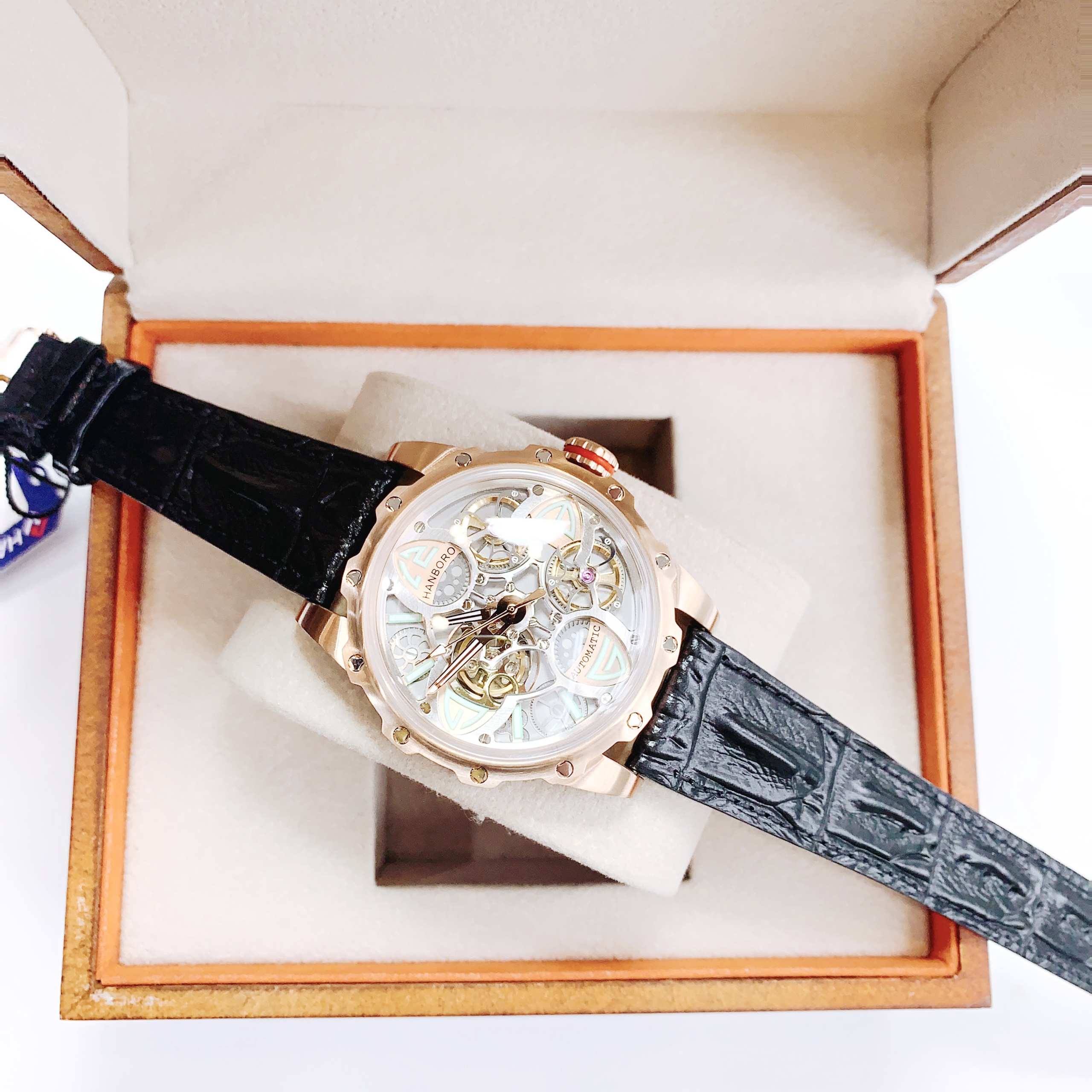 Đồng Hồ Hanboro Mặt Cỏ 4 Lá |Nam Giới |Dây Da |Full Rose Gold |Máy Cơ (Automatic) |Size 43mm |Donghogiatot.vn