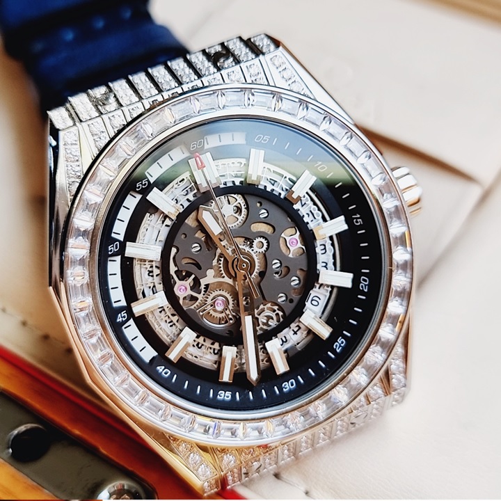 Đồng Hồ Hanboro Hạt Đá Pha Lê |Nam Giới |Mặt Tròn |Dây Cao Su |Máy Cơ (Tự Động) |Size 42mm |Donghoghiatot.vn