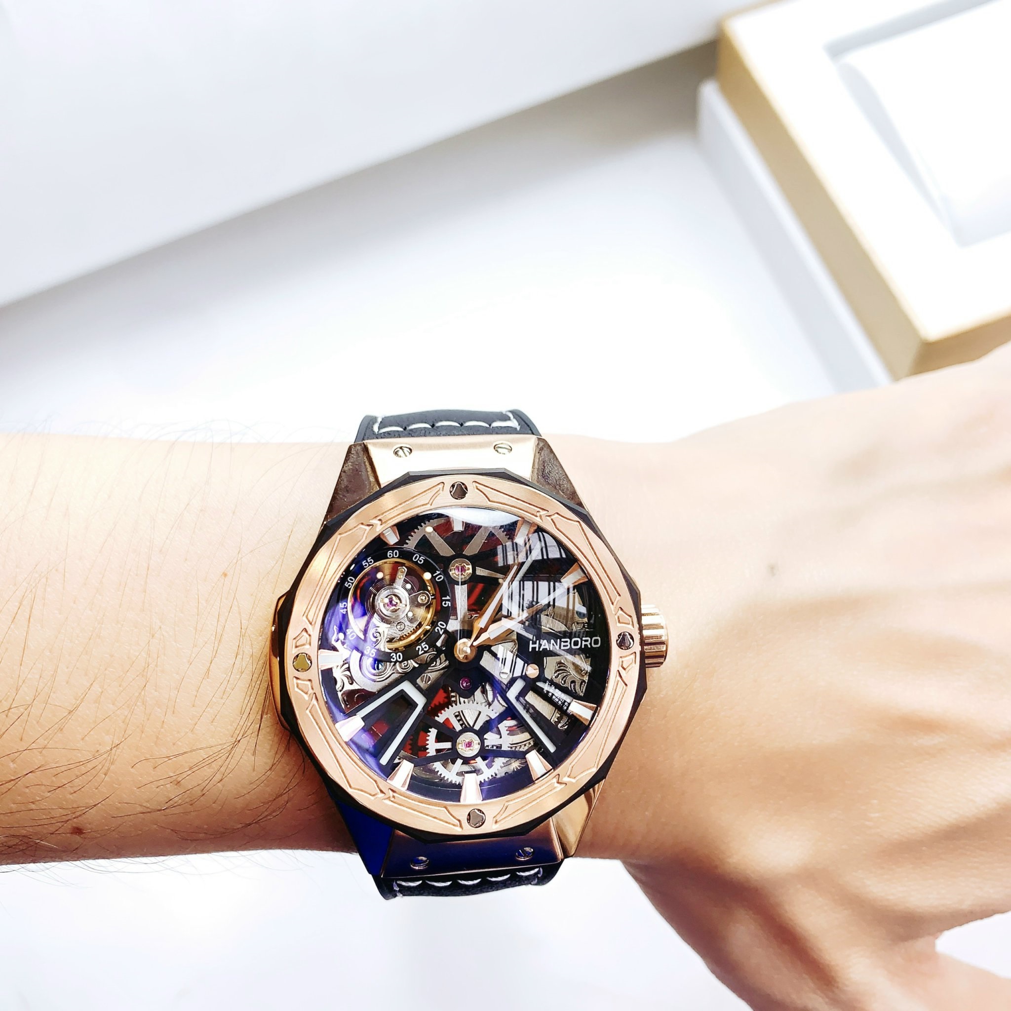 Đồng Hồ Hanboro Skeleton |Rose Gold |Nam Giới |Dây Cao Su |Máy Lộ Cơ (Automatic) |Size 45mm \Donghogiatot.vn