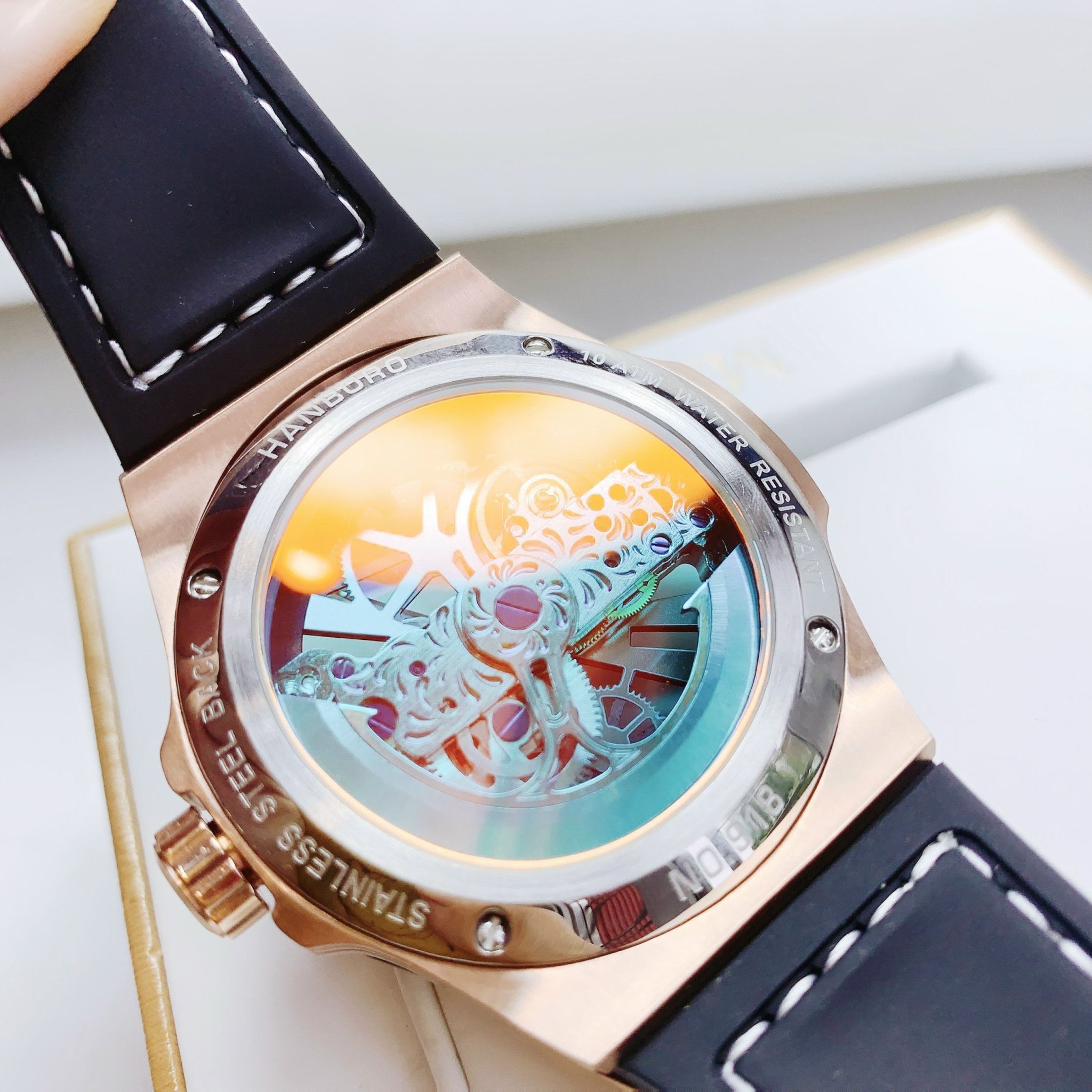 Đồng Hồ Hanboro Skeleton |Rose Gold |Nam Giới |Dây Cao Su |Máy Lộ Cơ (Automatic) |Size 45mm \Donghogiatot.vn