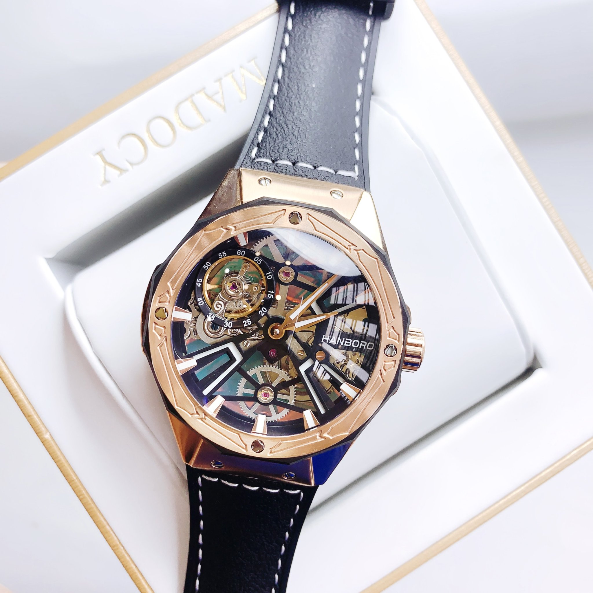 Đồng Hồ Hanboro Skeleton |Rose Gold |Nam Giới |Dây Cao Su |Máy Lộ Cơ (Automatic) |Size 45mm \Donghogiatot.vn