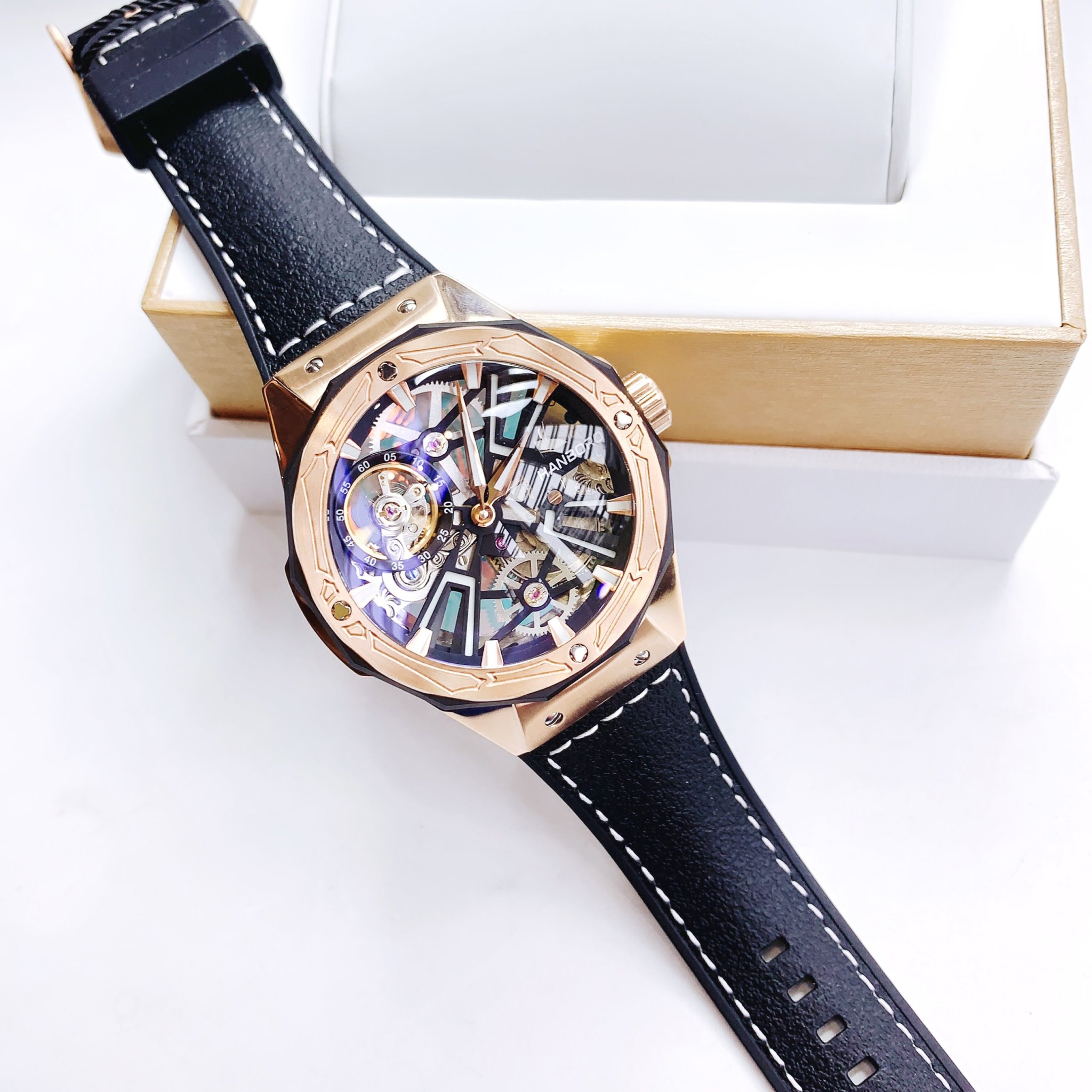 Đồng Hồ Hanboro Skeleton |Rose Gold |Nam Giới |Dây Cao Su |Máy Lộ Cơ (Automatic) |Size 45mm \Donghogiatot.vn