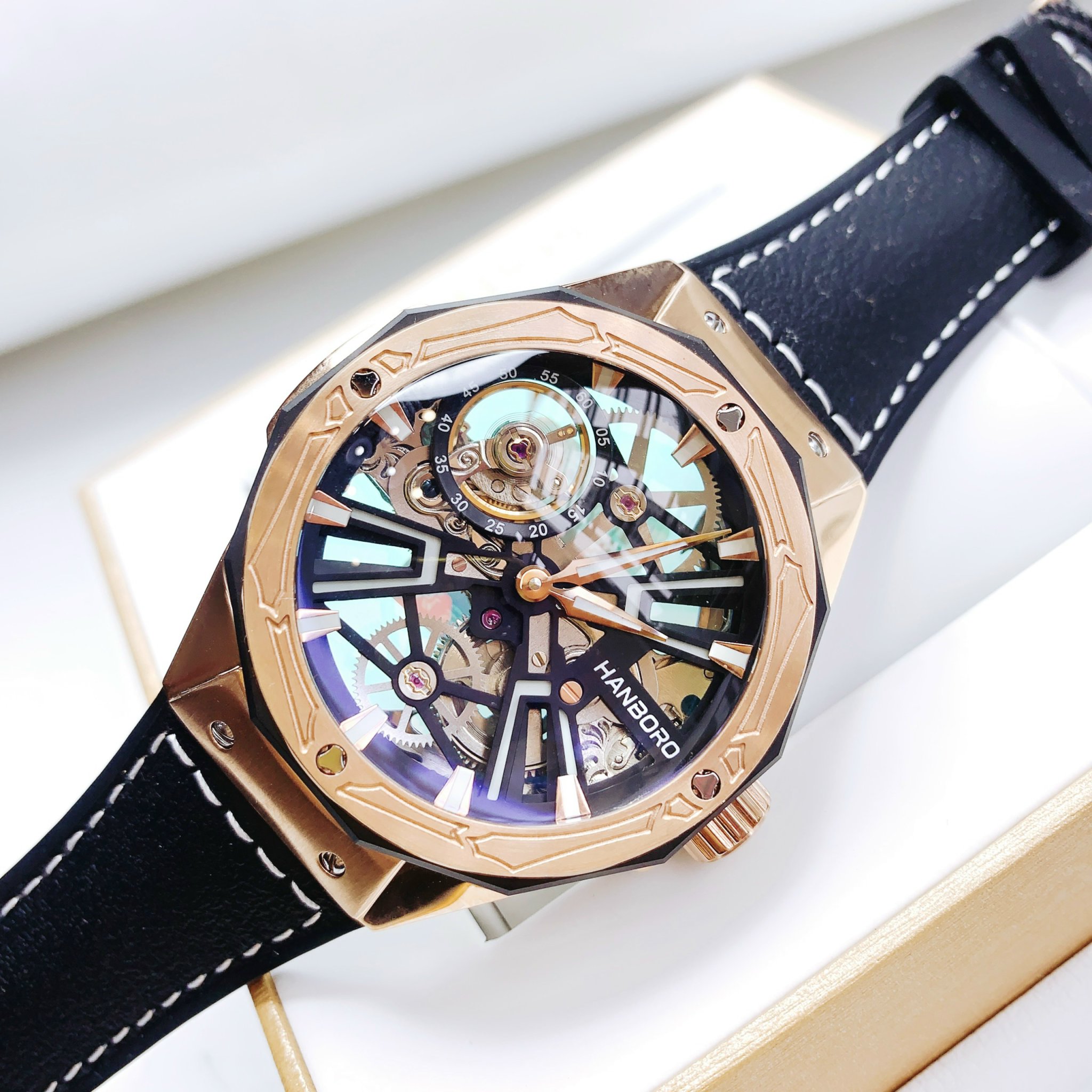 Đồng Hồ Hanboro Skeleton |Rose Gold |Nam Giới |Dây Cao Su |Máy Lộ Cơ (Automatic) |Size 45mm \Donghogiatot.vn